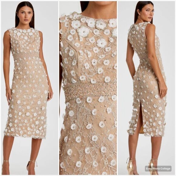 Mac Duggal 67853 Womens Neutral Floral Applique Sleeveless Midi Dress - Picture 1 of 14
